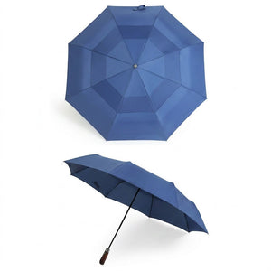 #navy blue fully automatic double canopy wooden umbrella