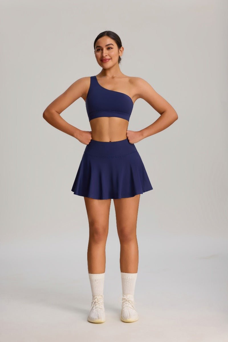 women's #navy blue one-shoulder sports bra and skirt set 