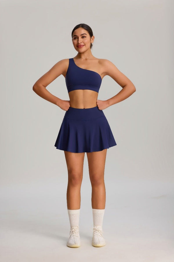 women's #navy blue one-shoulder sports bra and skirt set 