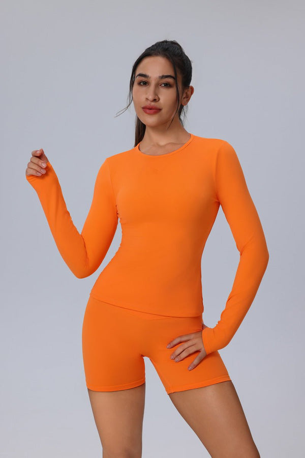 #orange Long Sleeve Yoga Top and shorts 