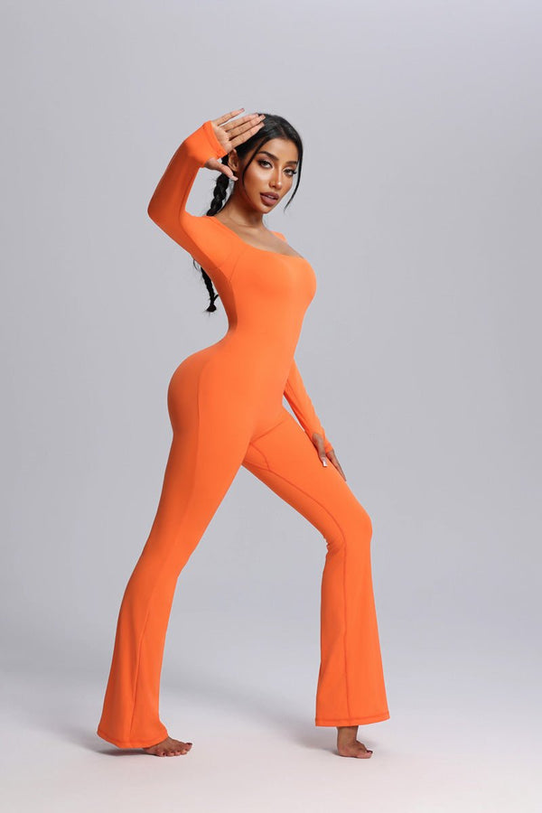 #orange Square Neck Flared Yoga Jumpsuit