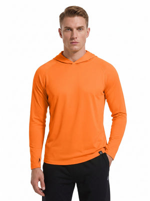 A male model wearing a #orange hooded long-sleeve performance shirt and black athletic pants stands against a plain white background.
