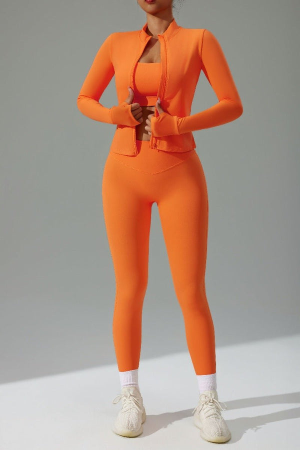 #orange yoga  Slim Fit Sports Jacket and high waist leggings set