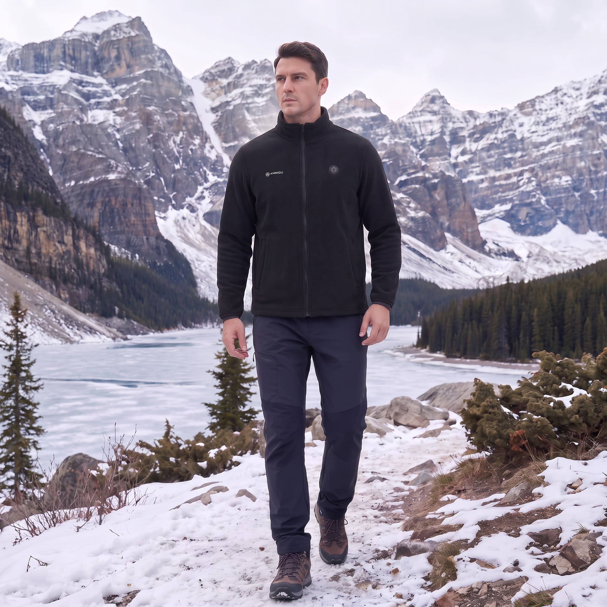 A man wearing a black zip-up fleece jacket and dark hiking pants walks along a snowy mountain path with a frozen lake and snow-covered peaks in the background.