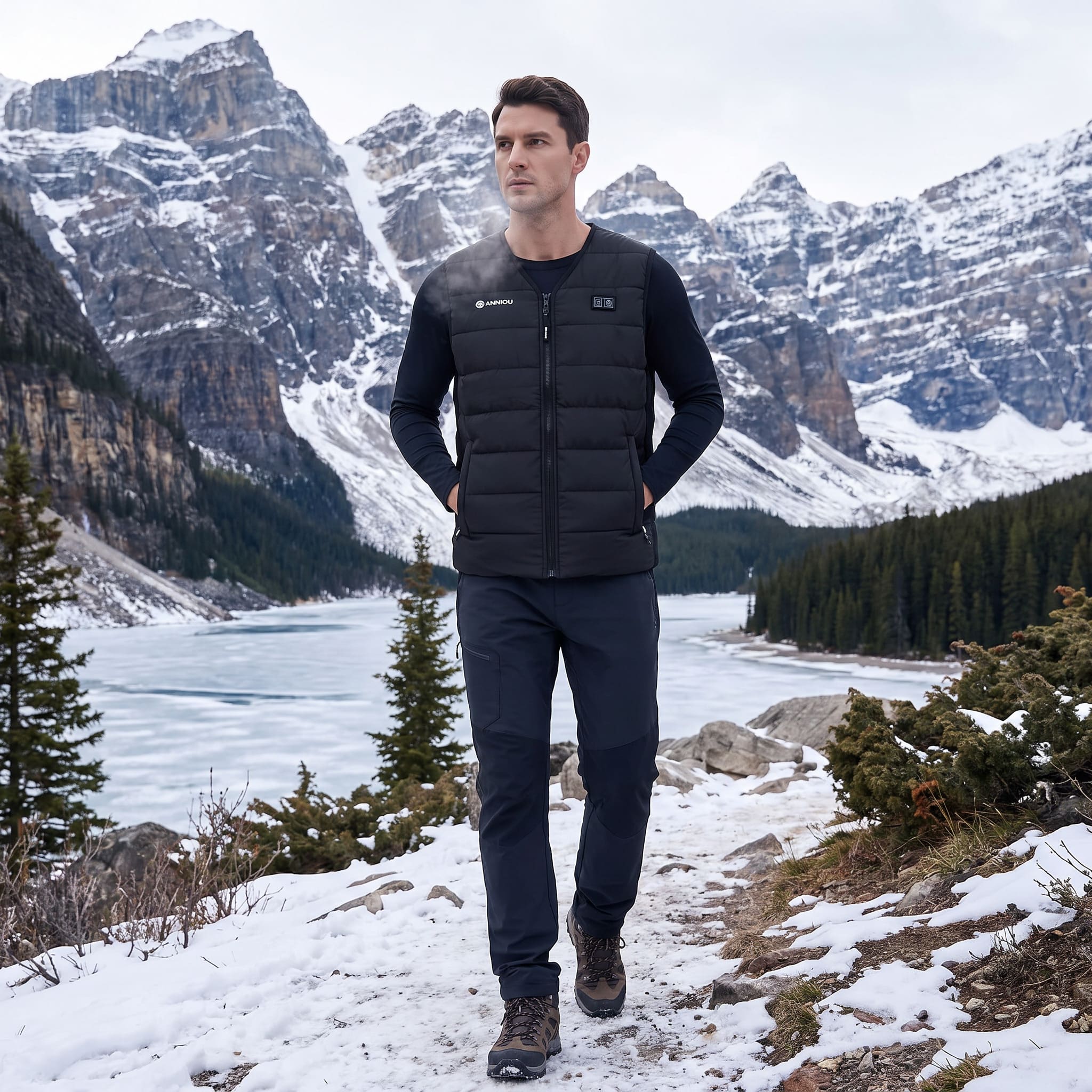 A man wearing a black heated v-neck vest over a black long-sleeve shirt and dark pants stands on a snowy mountain path with a frozen lake and snow-covered peaks in the background.