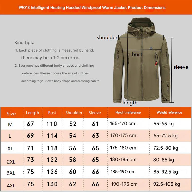 men's khaki Heated Parka Jacket with 7 heat zones size chart