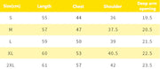 Table displaying garment measurements with size, length, chest, shoulder, and deep arm opening dimensions.