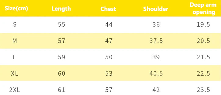 Table displaying garment measurements with size, length, chest, shoulder, and deep arm opening dimensions.