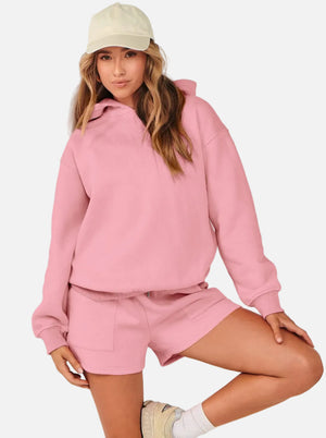 #pink Casual Hoodie & Shorts Set