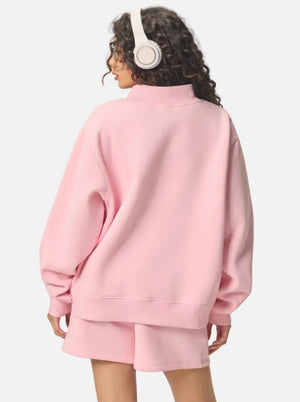 #pink Heavyweight Fleece Mock Neck Pullover of back view