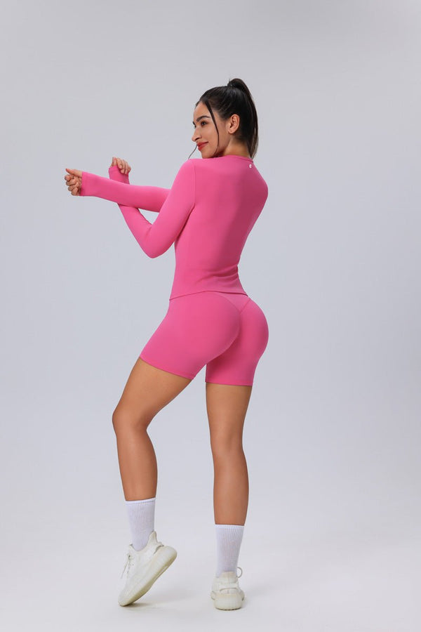 #pink Long Sleeve Yoga Top and bum lift shorts with stretch