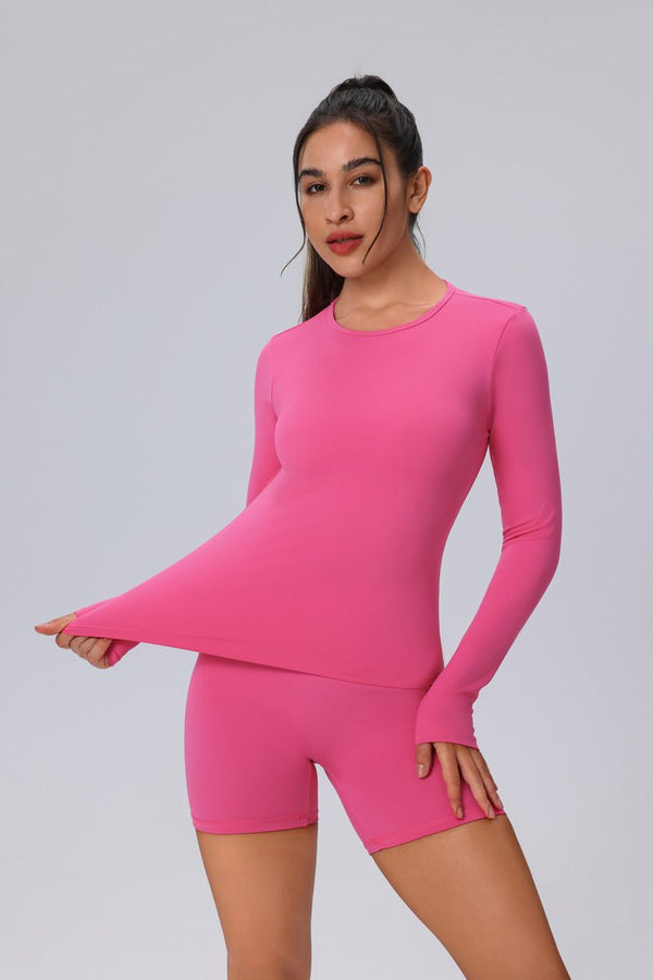 womens #pink Long Sleeve Yoga Top and shorts with stretch