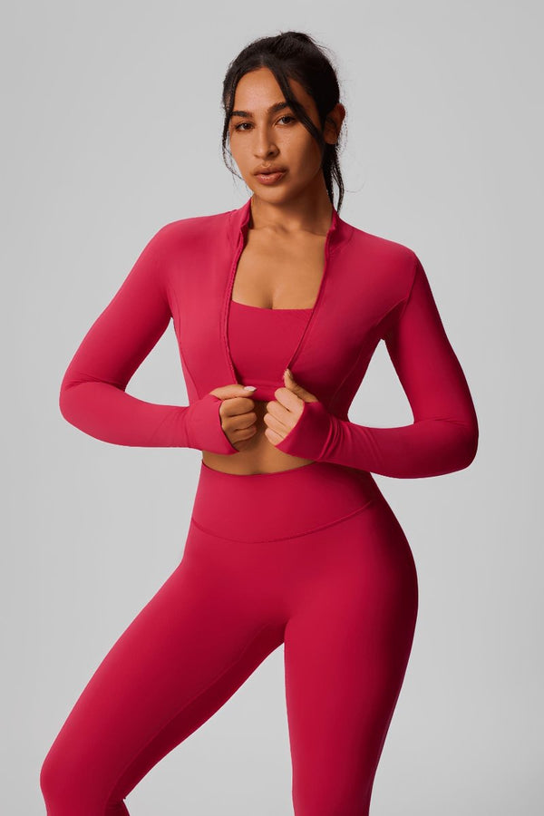 #pink UPF50+ Zip-up Yoga crop Jacket and high waist leggings and sports bra 
