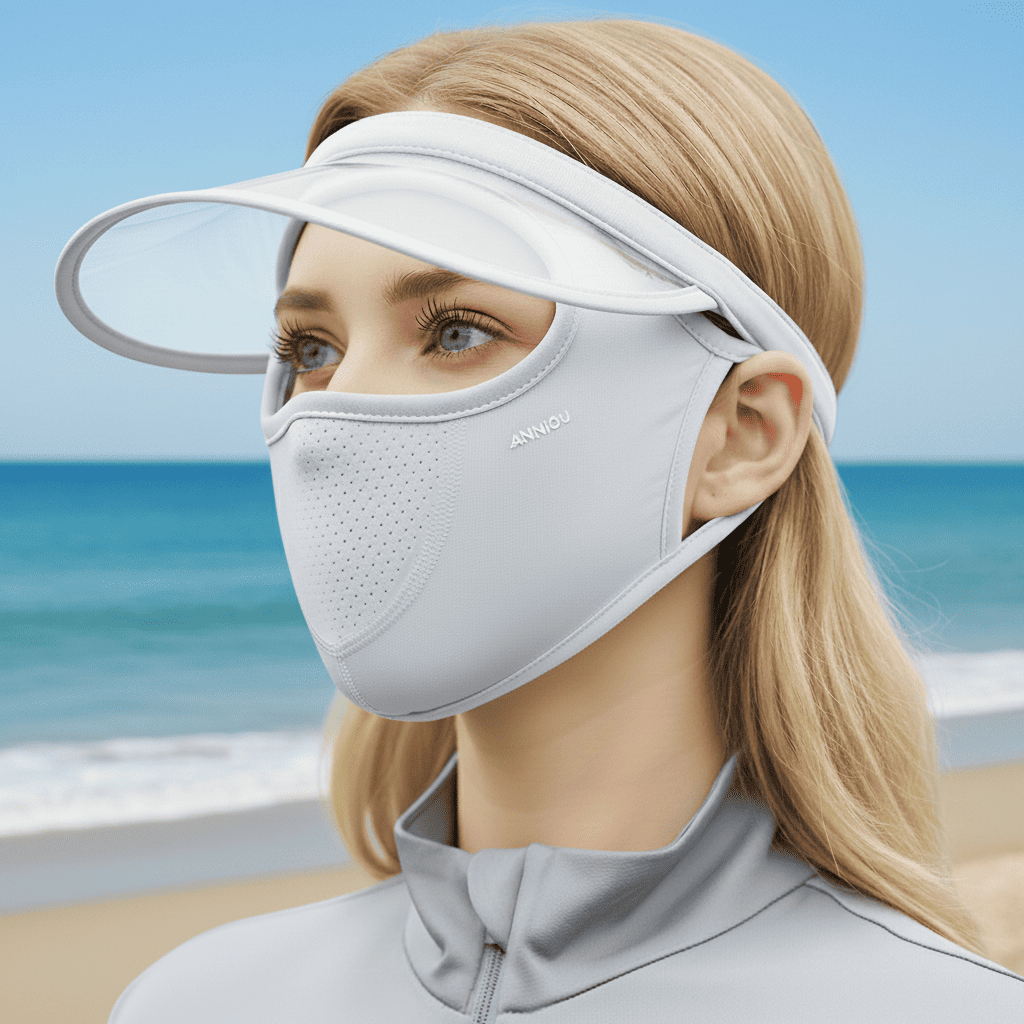 Woman wearing a sun protection  face mask and visor with a beach background