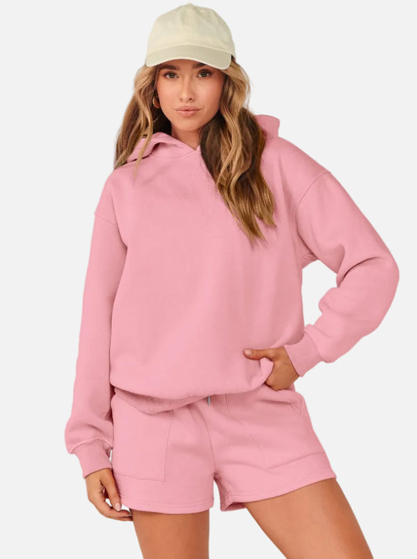 #pink womens Casual Hoodie & Shorts Set