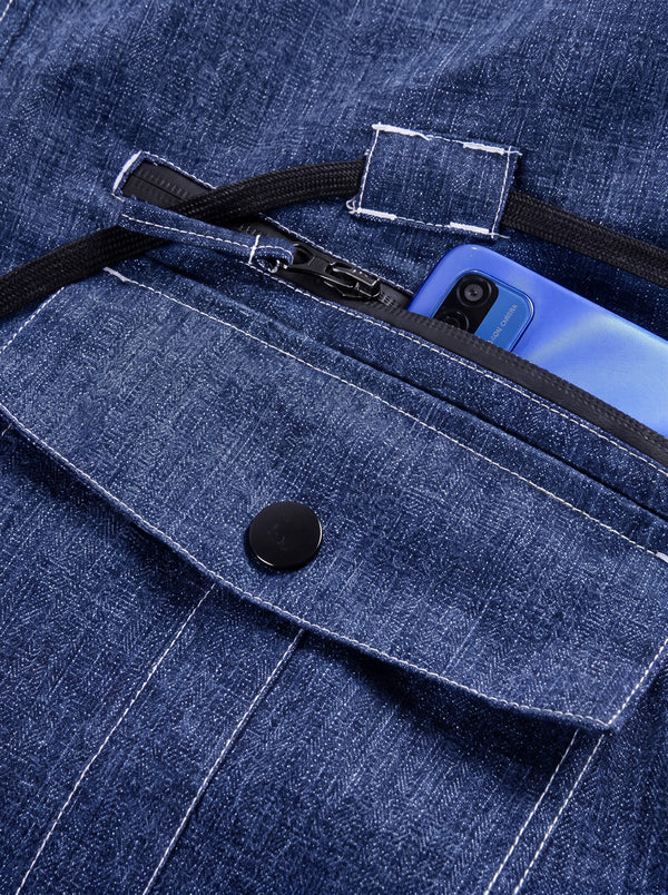 pocket details of #denimblue Denim Ski Bib Pants 