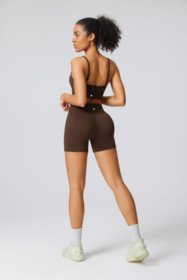 #Brown seamless sports bra and cross design shorts set by Anniou with butt uplift design
