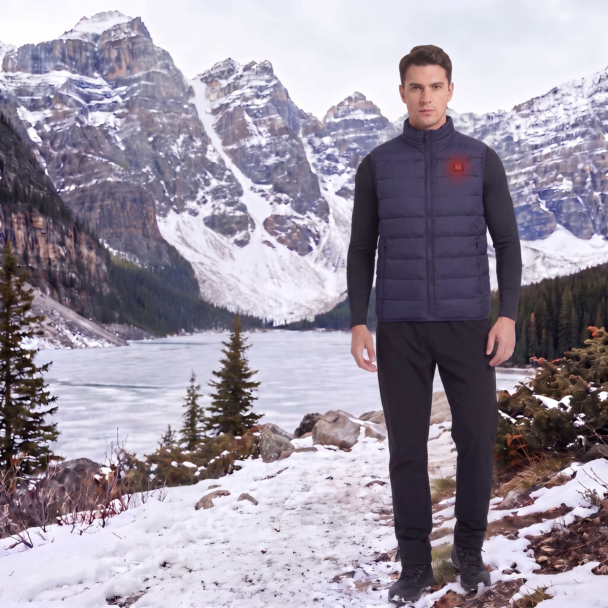A man wearing a navy blue puffer vest over a black long-sleeve shirt and black pants stands in a snowy mountain landscape with a frozen lake and snow-covered peaks in the background.
