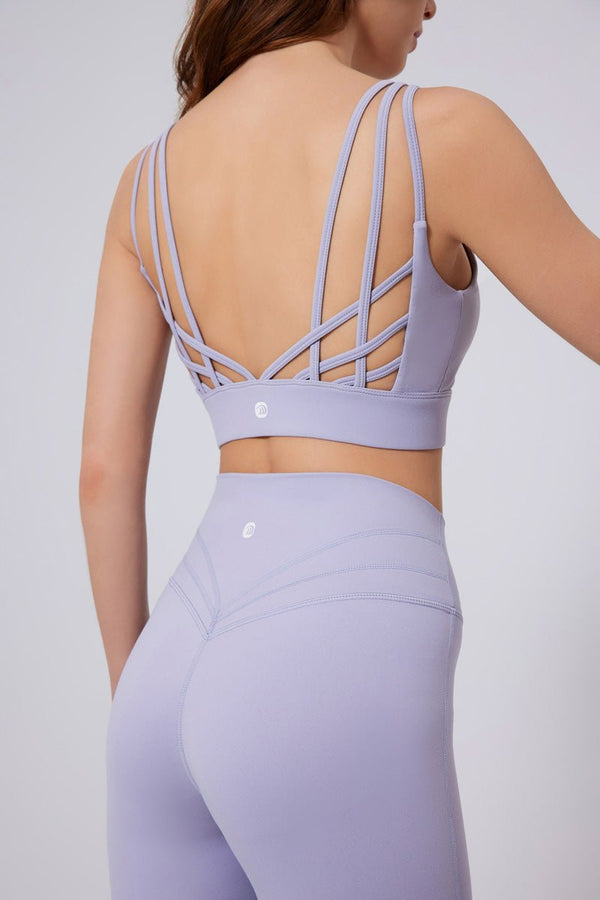 #purple Strappy Crisscross Back Sports Bra and leggings by Anniou