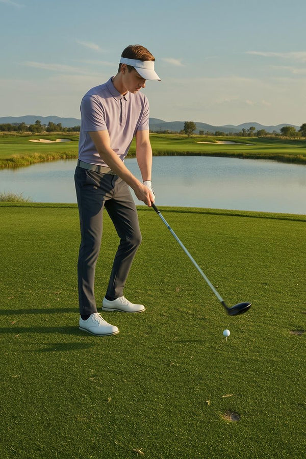 A man wearing a #purple polo shirt is swinging his club and hitting the ball.