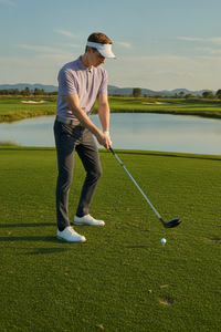 A young man wearing ANNIOU sun-protective golf polo shirt, quick-drying and breathable.