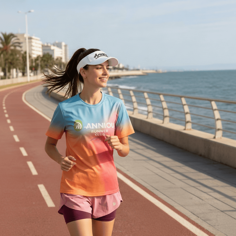 A woman jogging on the city's seaside track.
