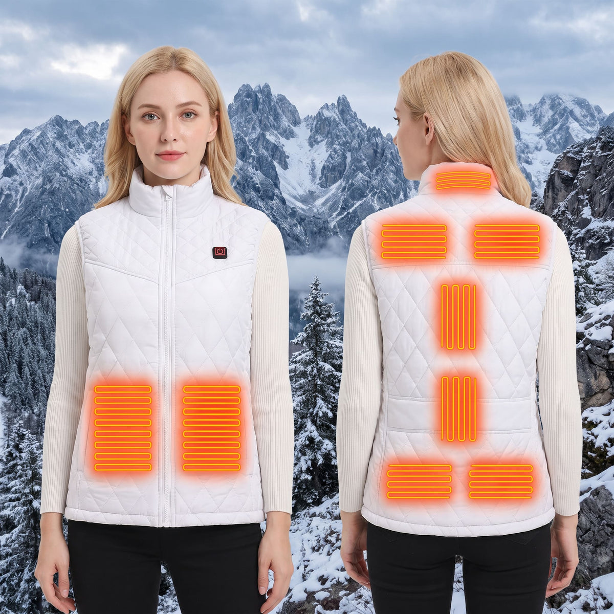 A woman shown from the front and back wearing a white quilted electric heating vest against a snowy mountain background. The back view highlights orange heat zones on the shoulders, upper back, and lower back.