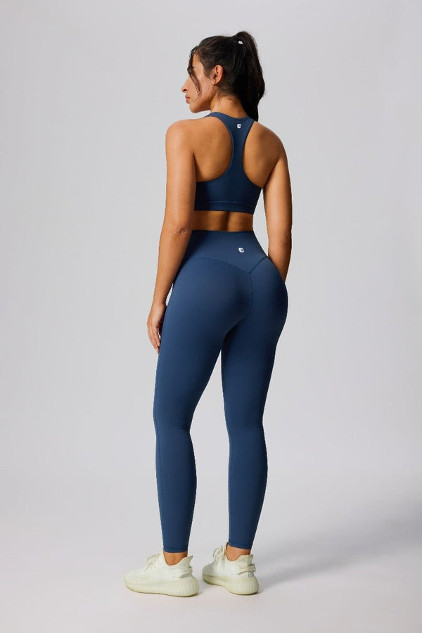 Women's #navy blue yoga racerback  sports bra and high waist butt lift leggings