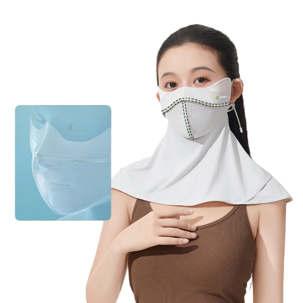 Woman wearing a white face mask with a neck cover, inset showing a close-up of the mask's design.