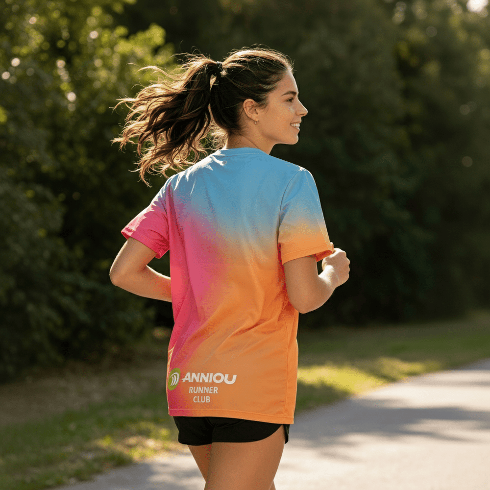 rear of women running t-shirt