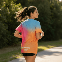 rear of women running t-shirt