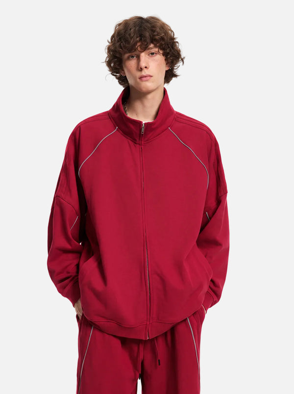 #red Reflective Stripe Raglan Zip Up Jacket