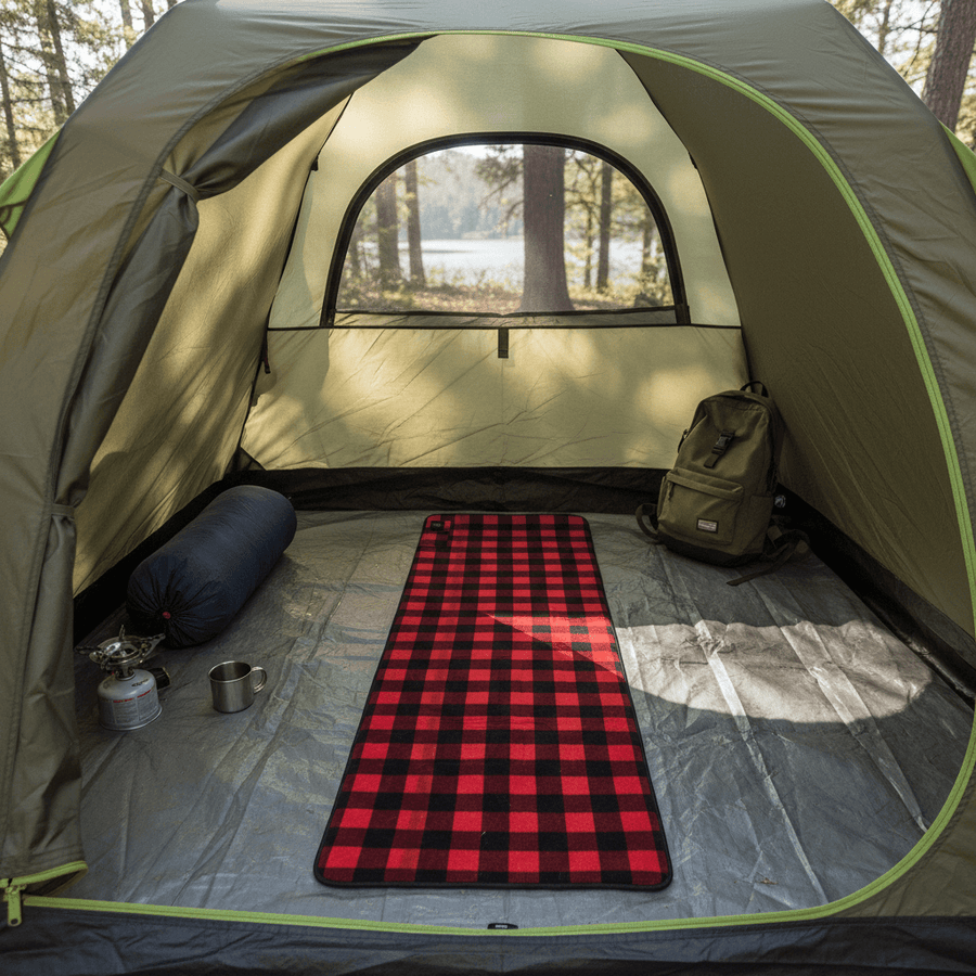 Camping scene with a tent, red checkered electric heated mat, backpack, and camping gear.