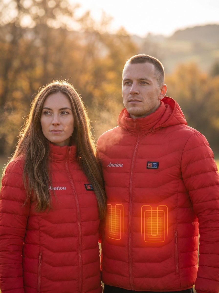 A man and a woman wearing red heated puffer jackets stand outdoors in warm golden light. The jackets have visible glowing orange heat-map graphics on the front to demonstrate warmth, with the brand name 'Anliou' and a small square logo patch visible on the chest.
