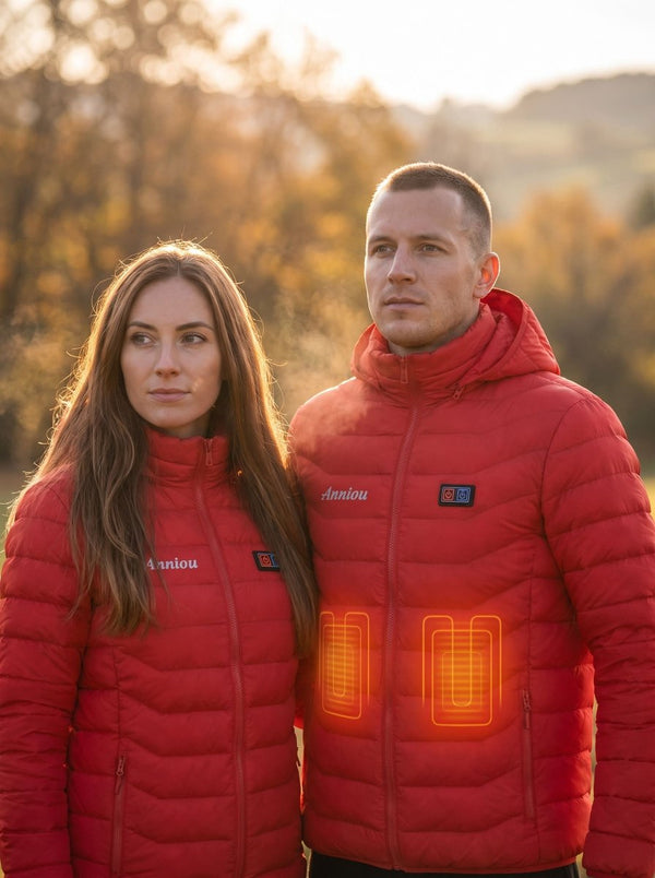 A man and a woman wearing red heated puffer jackets stand outdoors in warm golden light. The jackets have visible glowing orange heat-map graphics on the front to demonstrate warmth, with the brand name 'Anliou' and a small square logo patch visible on the chest.