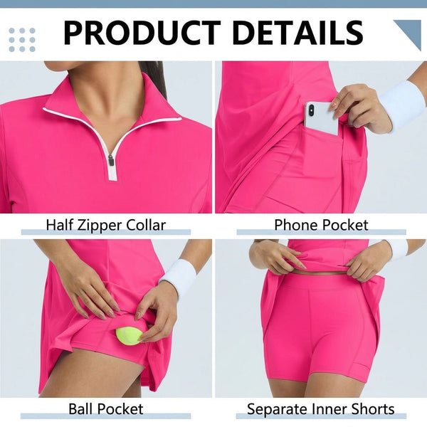 #rose red half zip tennis dress with shorts and pockets