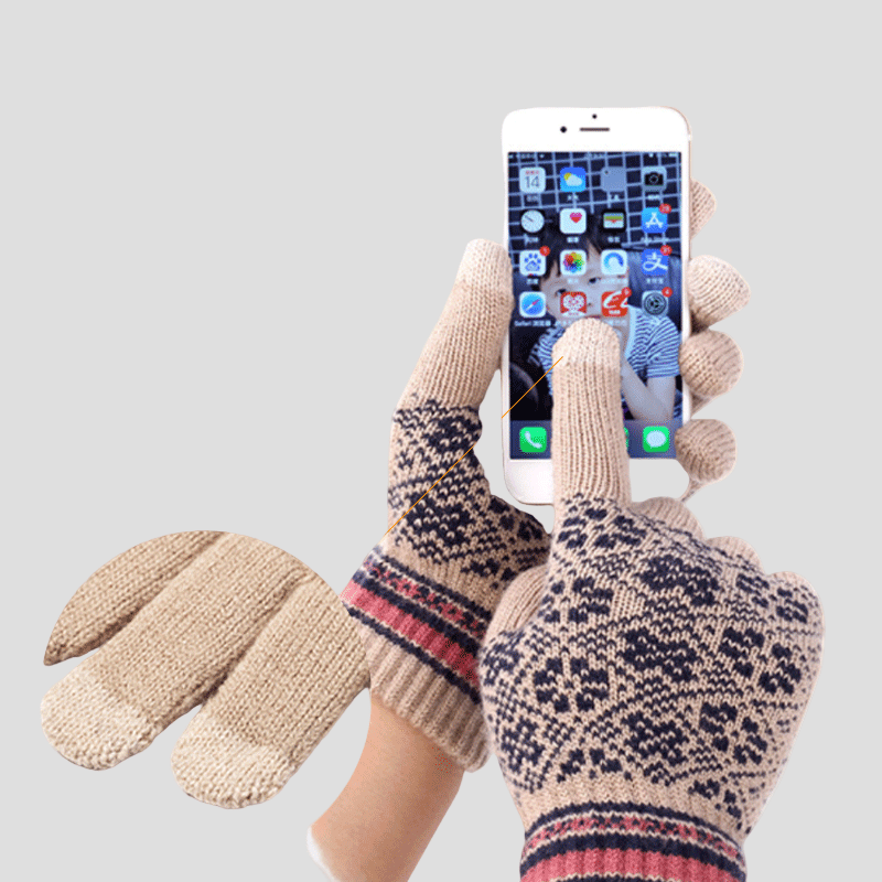 Womens  Knitted Gloves using a phone 