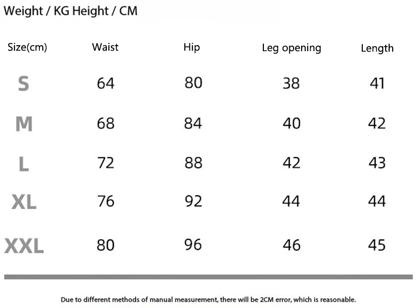 Size chart for clothing with measurements in centimeters
