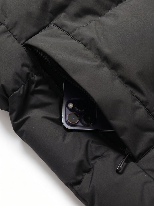 side pocket details of #black Mid Length Heated Quilted Jacket