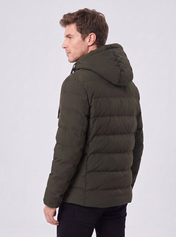 side view of #navygreen heated hooded padded jacket