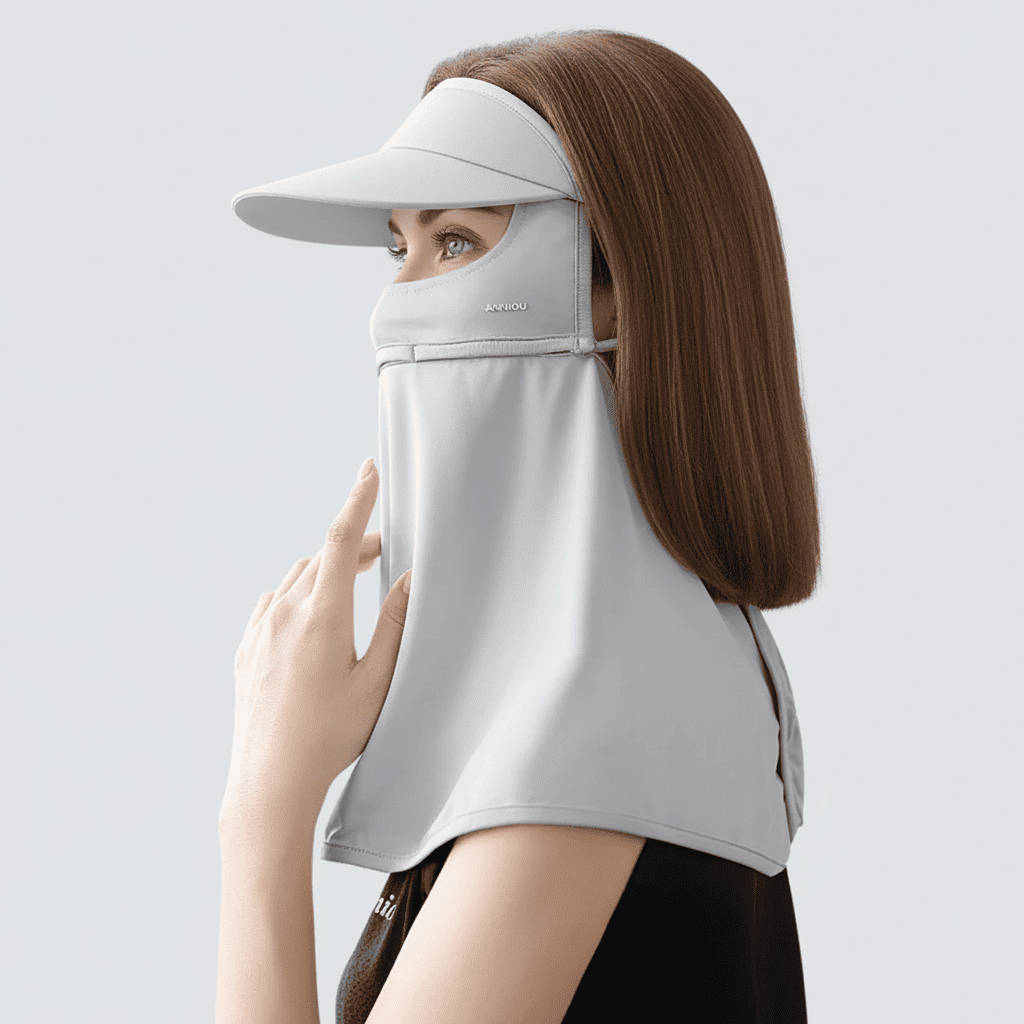 Woman wearing a white face mask and visor with a brand logo on a light gray background