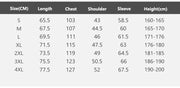 Table displaying clothing size chart with measurements in centimeters