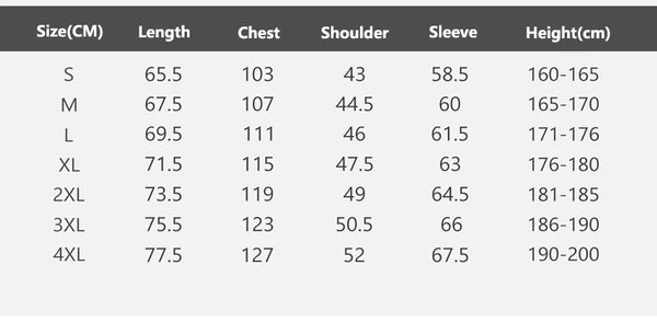 Table displaying clothing size chart with measurements in centimeters