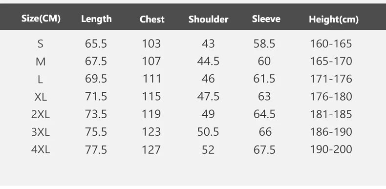 Table displaying clothing size chart with measurements in centimeters