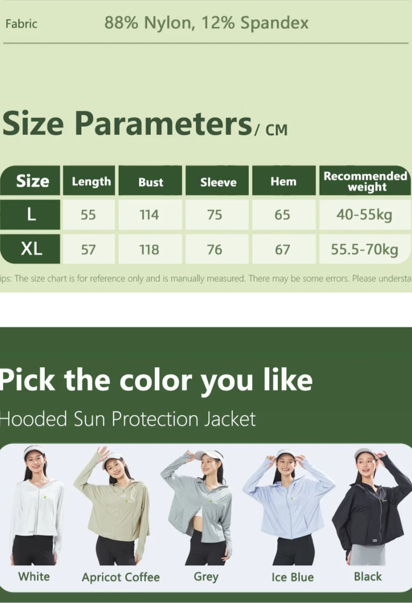 Size chart and color options for a hooded sun protection jacket with fabric details.