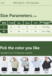 Size chart and color options for a hooded sun protection jacket with fabric details.