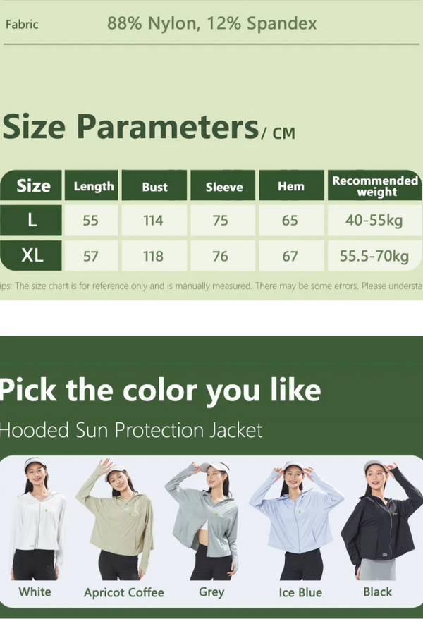 Size chart and color options for a hooded sun protection jacket with fabric details.