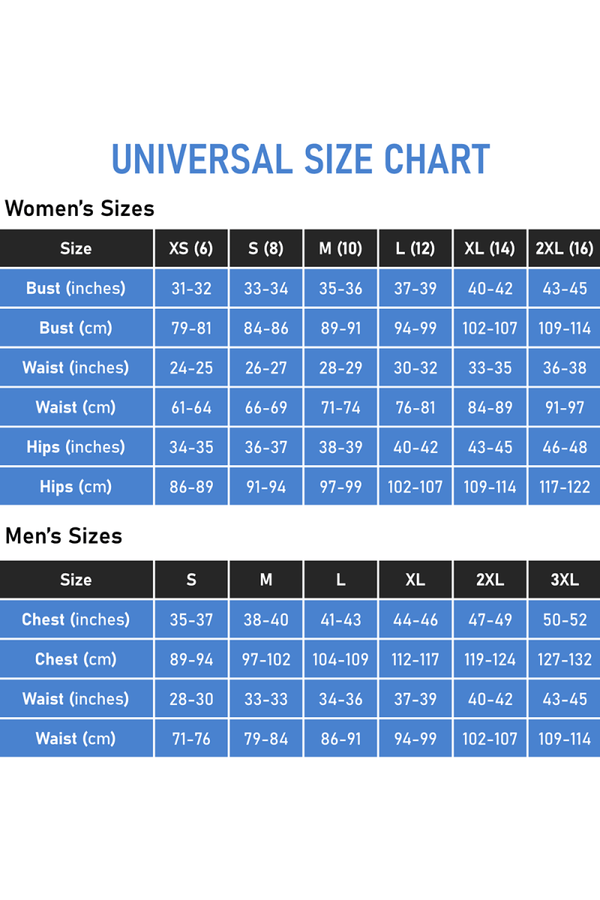 Universal size chart for women and men with measurements in inches and centimeters.
