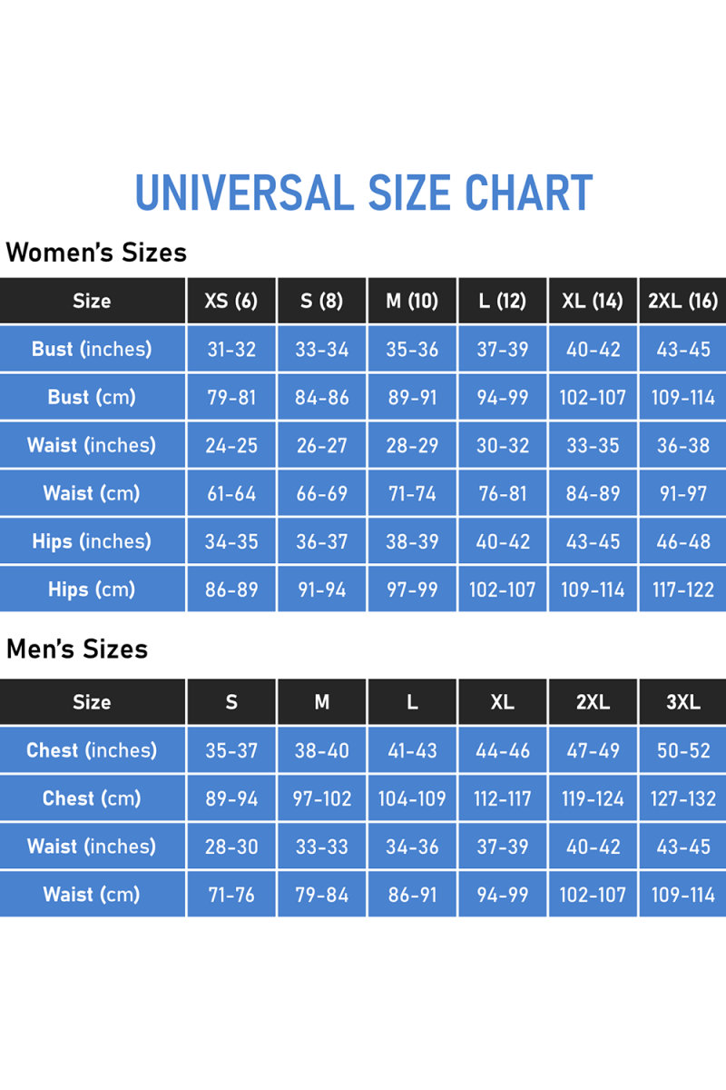 Universal size chart for women and men with measurements in inches and centimeters.