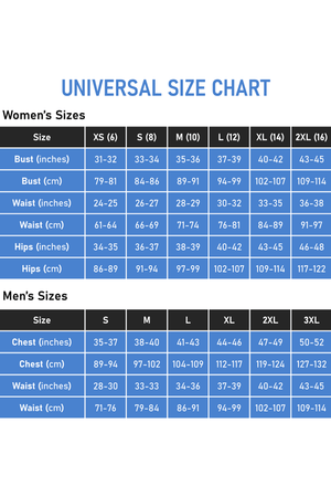 Universal size chart for women and men with measurements in inches and centimeters.